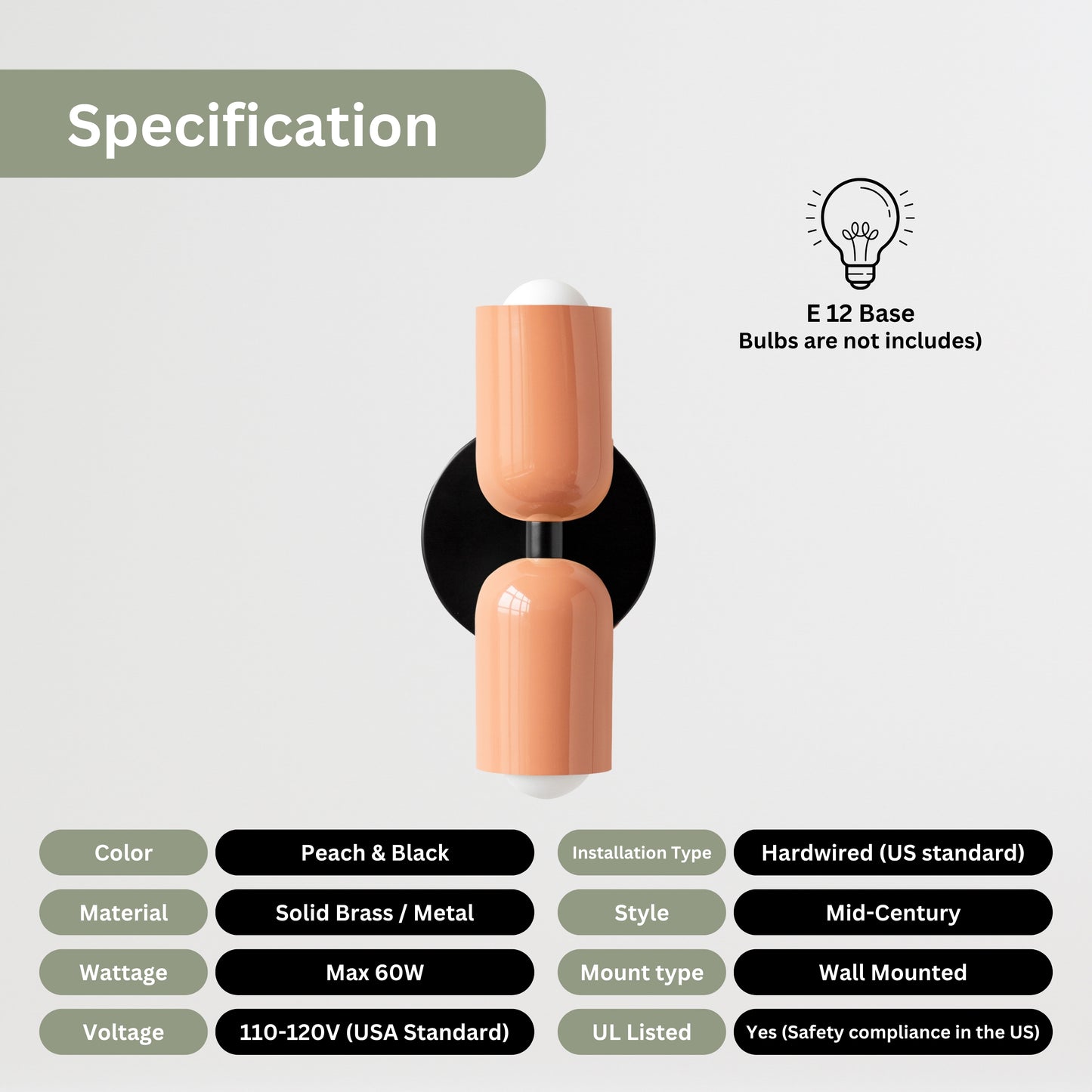Peach & Black Up & Down Brass Wall Sconce – Mid-Century Modern Light Fixture