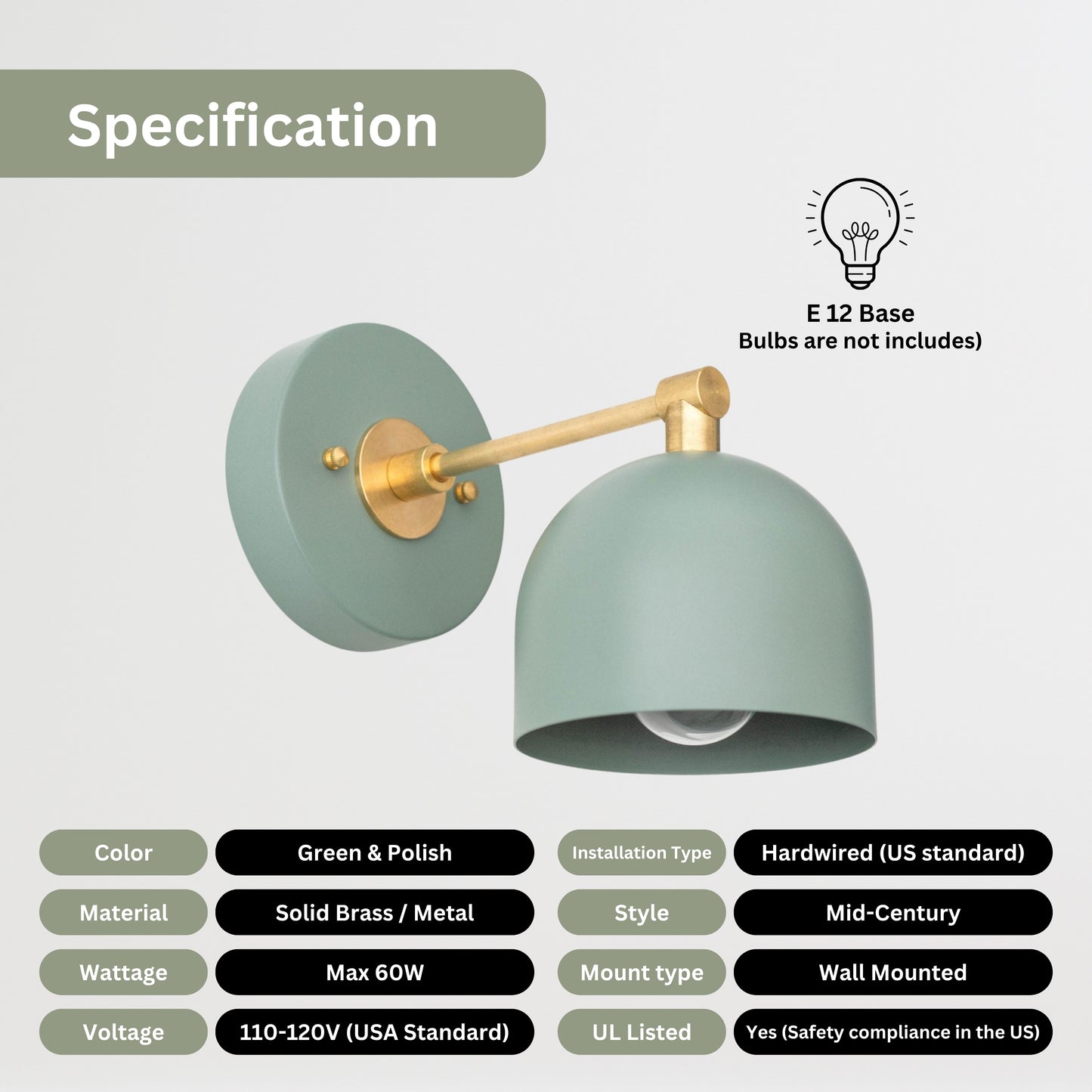 Modern Brass Wall Sconce – Mid Century Wall Light with Sea Green Dome Shade