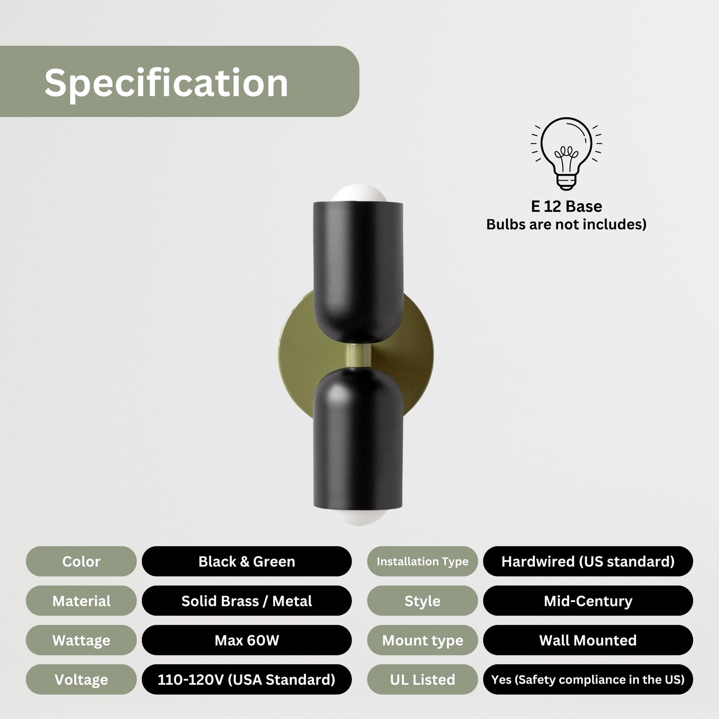 Black & Olive Green Up & Down Brass Wall Sconce – Mid-Century Modern Light Fixture