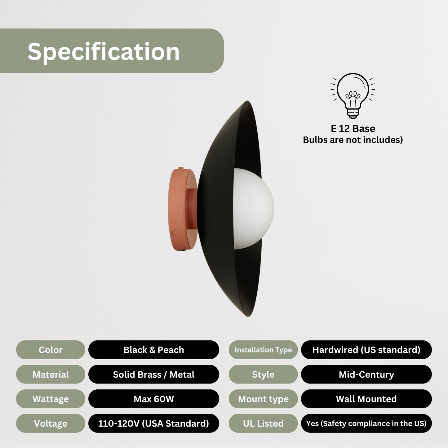 Black & Peach Dome Brass Wall Sconce – Mid-Century Modern Vintage Light