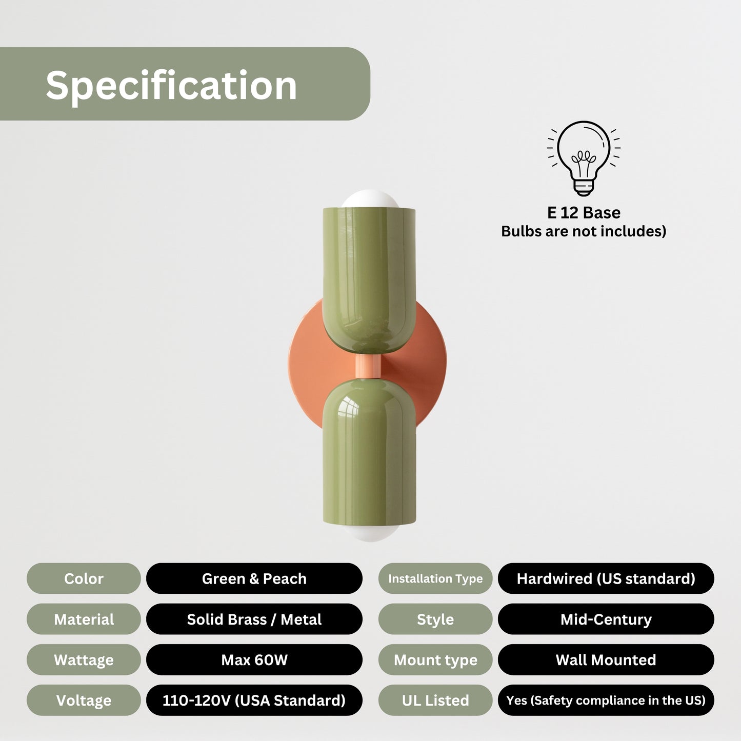 Green & Peach Up & Down Brass Wall Sconce – Mid-Century Modern Light Fixture
