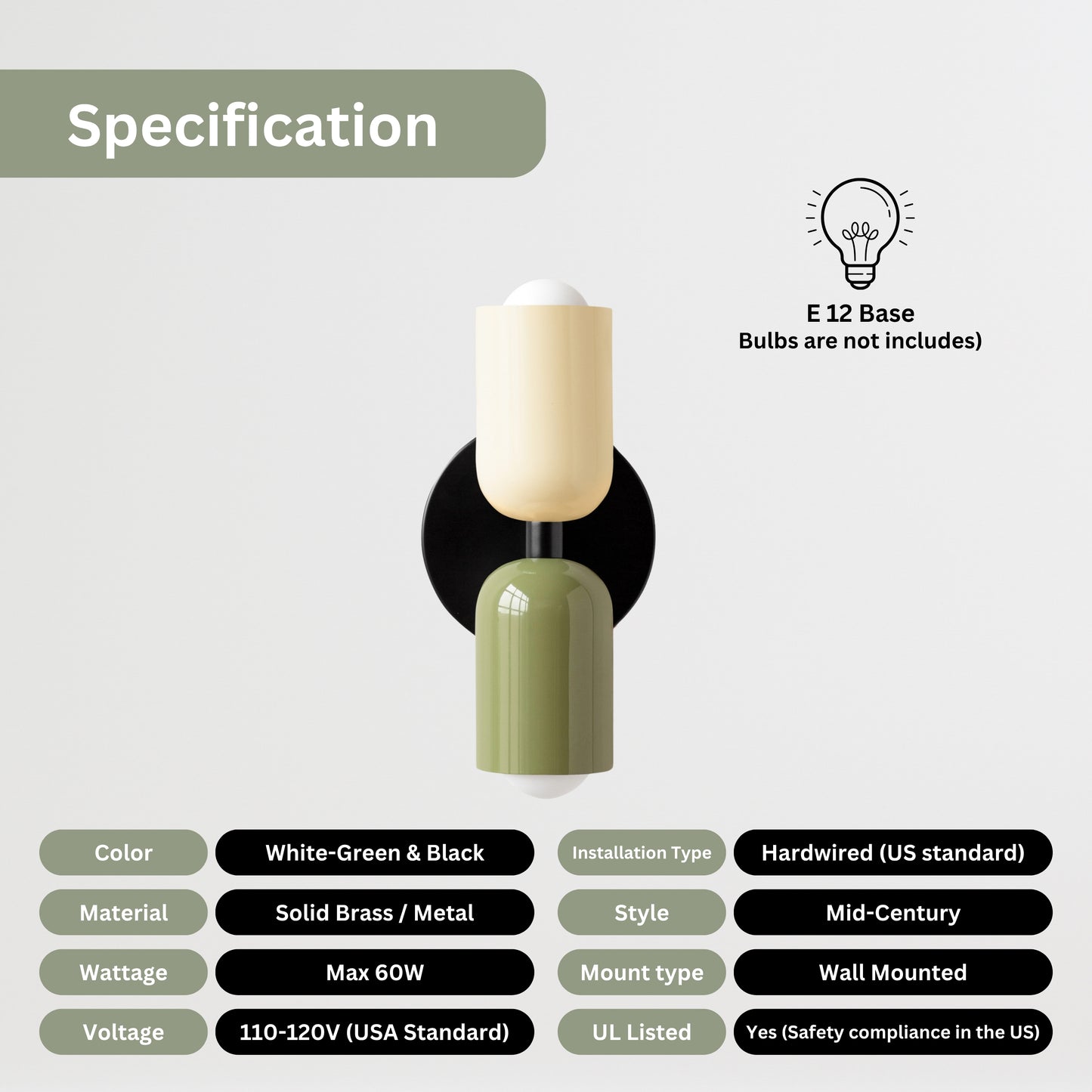 White-Green & Black Up & Down Brass Wall Sconce – Mid-Century Modern Light Fixture
