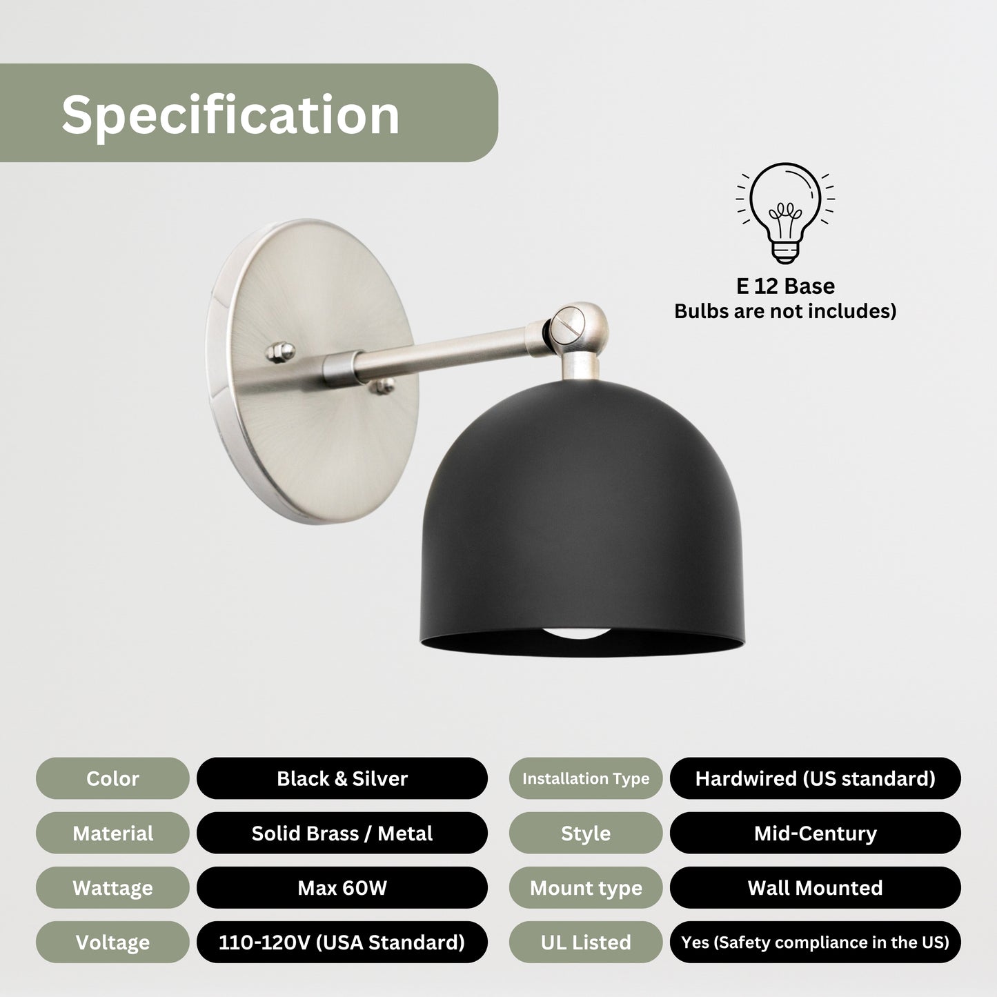 Mid Century Brass Wall Sconce – Handmade Black & Silver Dome Light Fixture