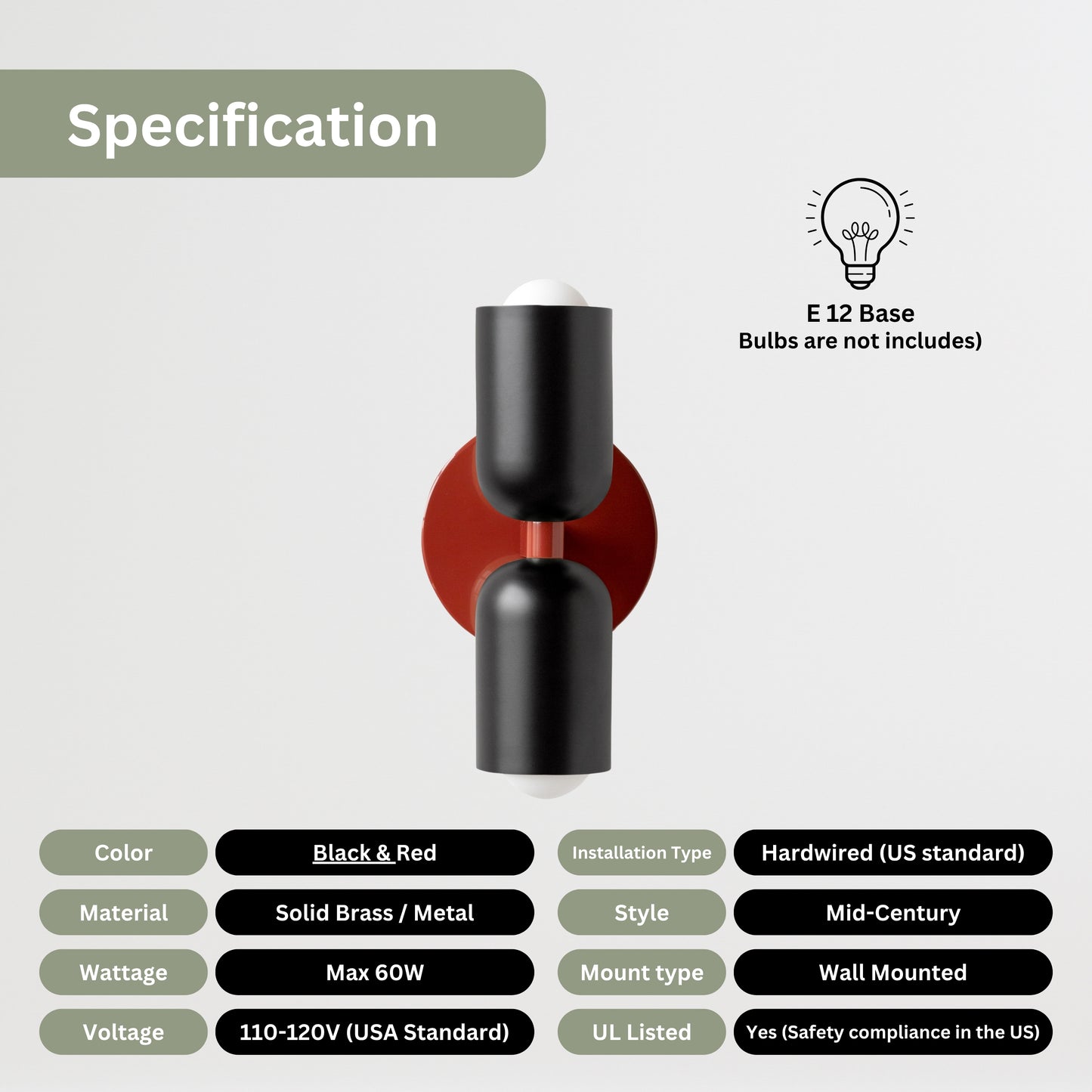 Black & Red Up & Down Brass Wall Sconce – Mid-Century Modern Light Fixture