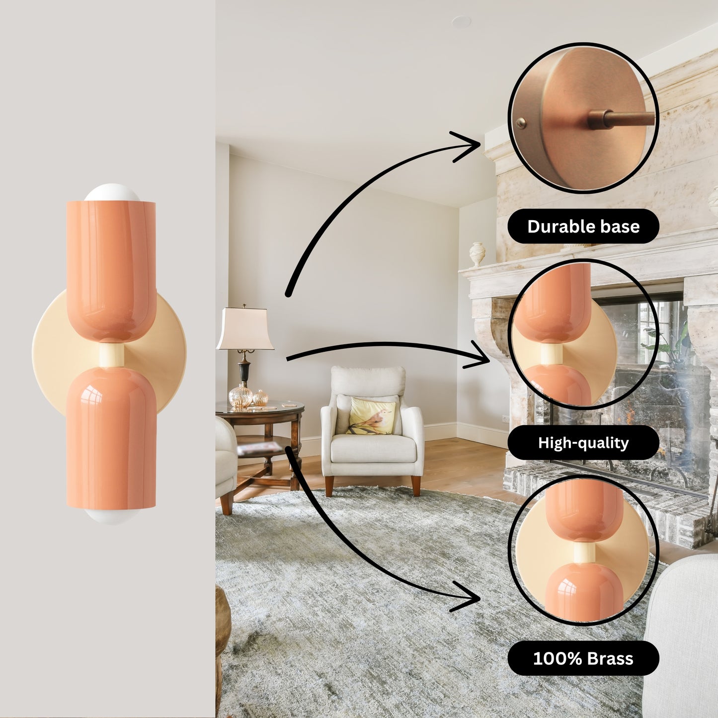 Peach & Cream Up & Down Brass Wall Sconce – Mid-Century Modern Light Fixture