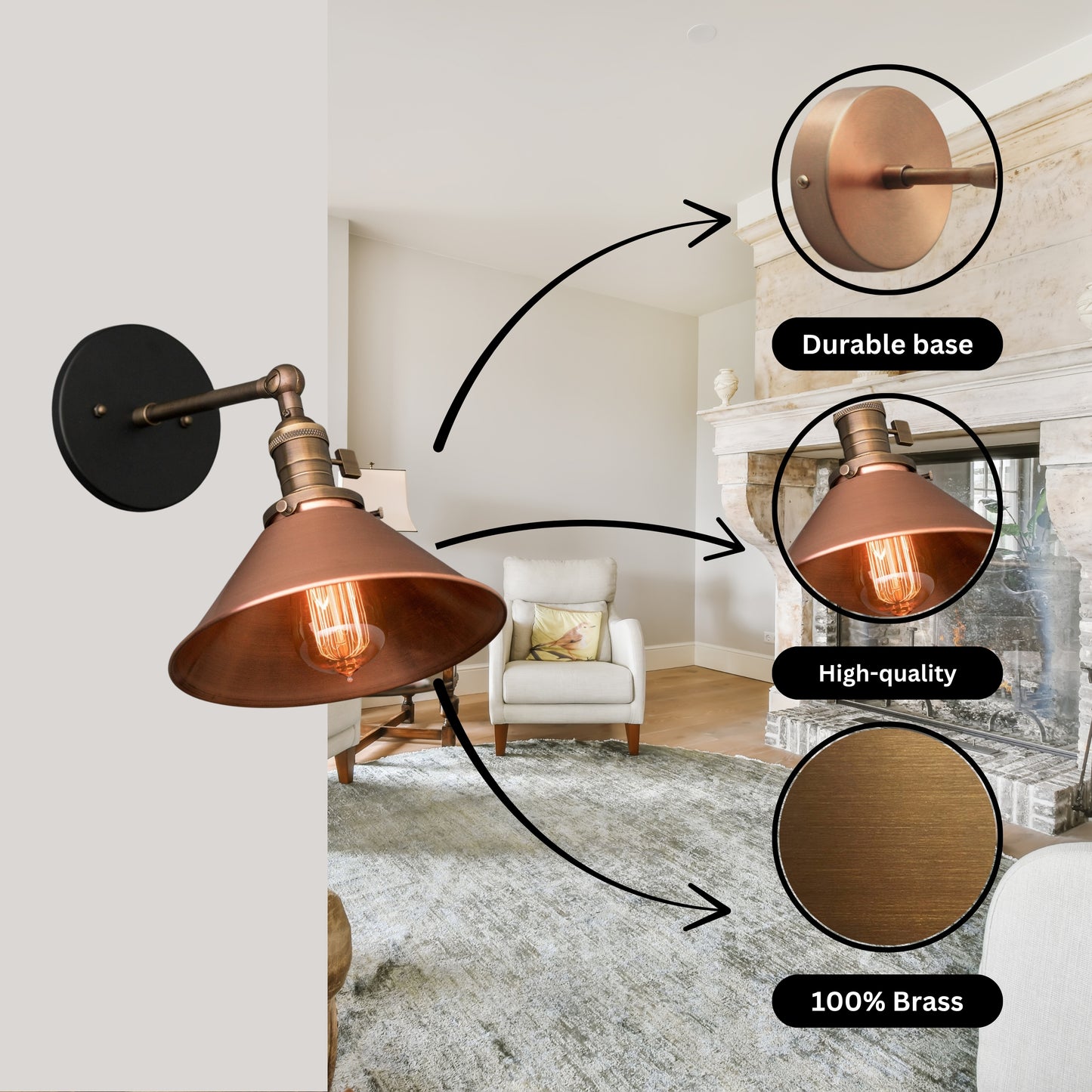 Handmade Brass Wall Sconce with Copper Shade β Adjustable Farmhouse Light Fixture