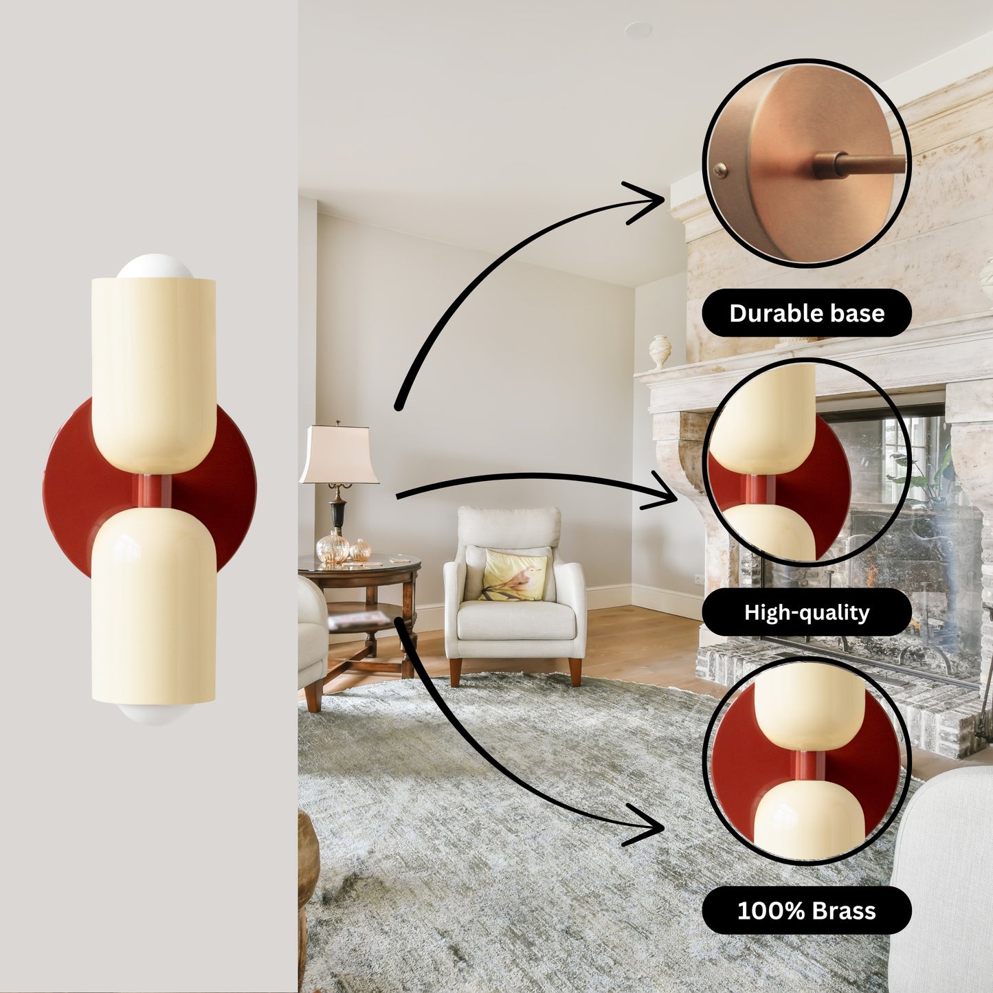 Cream & Red Up & Down Brass Wall Sconce – Mid-Century Modern Light Fixture