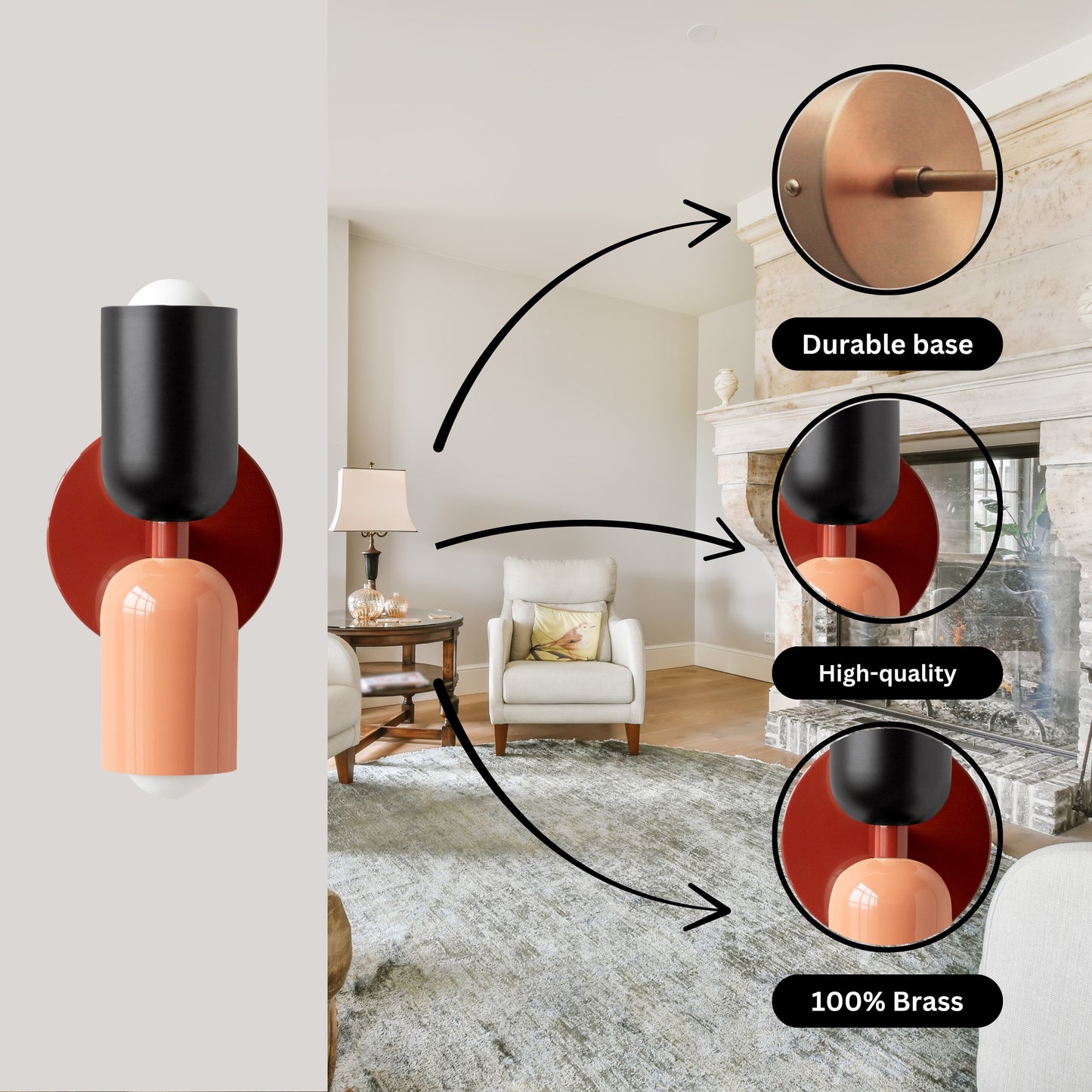 Black-Peach & Red Up & Down Brass Wall Sconce – Mid-Century Modern Light Fixture