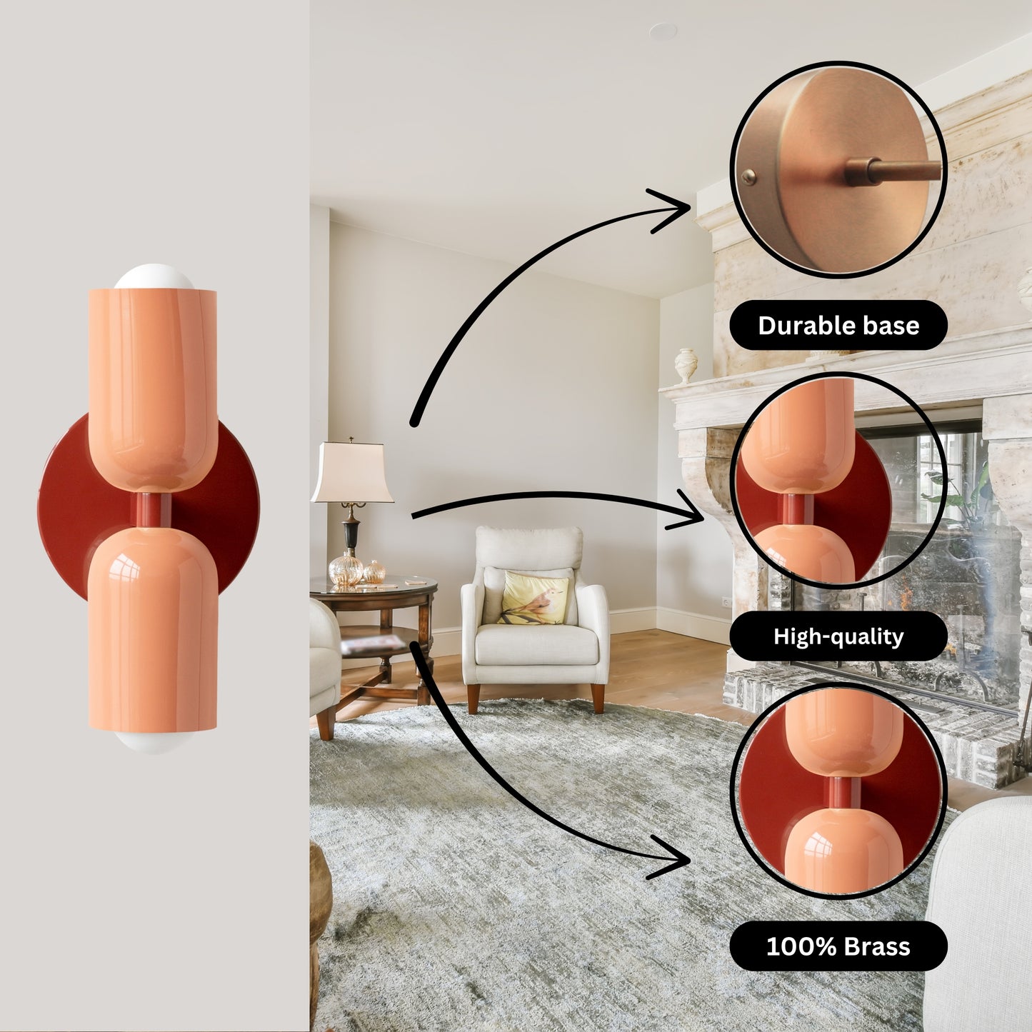 Peach & Red Up & Down Brass Wall Sconce – Mid-Century Modern Light Fixture