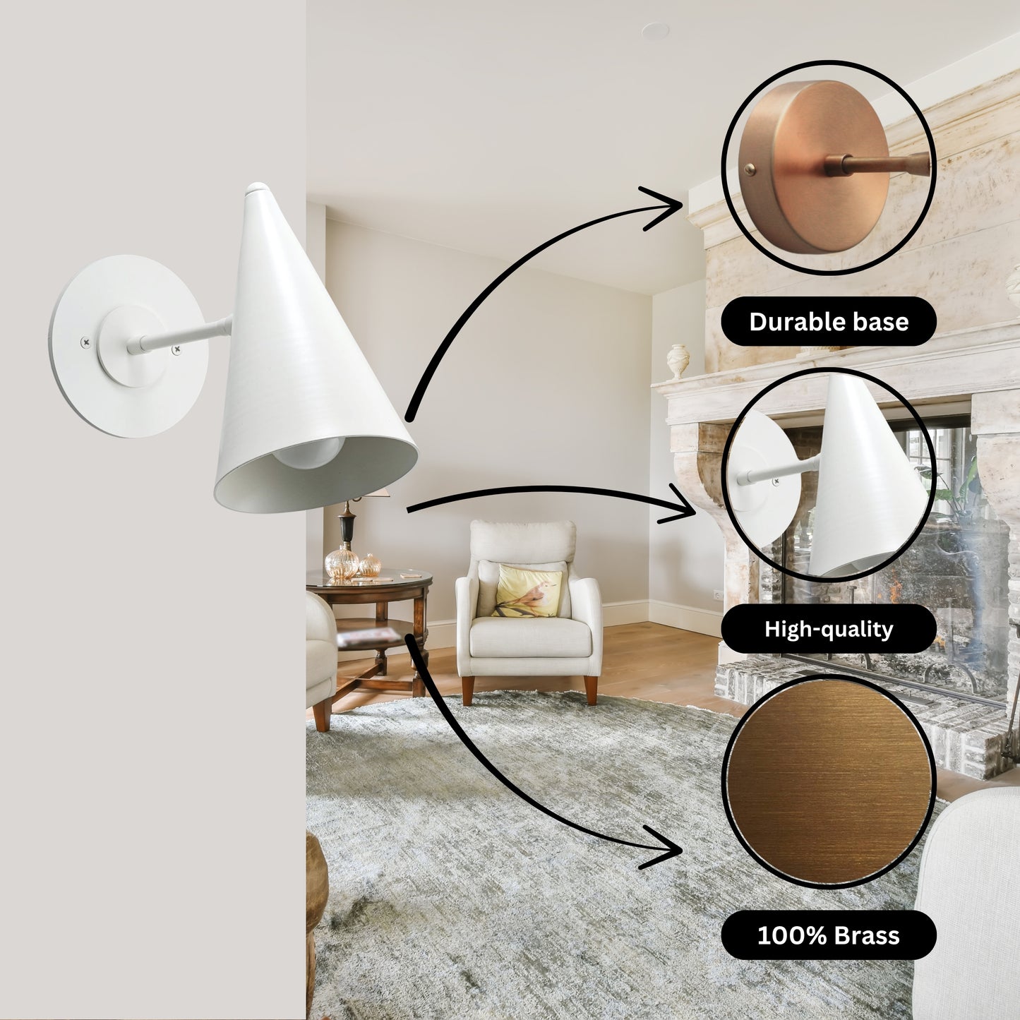 White Cone Vintage Wall Light - Mid-Century Modern Brass Wall Sconce