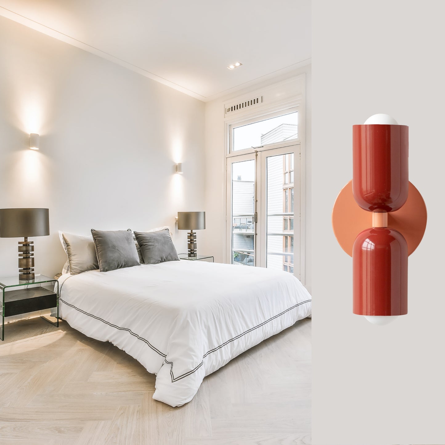 Red & Peach Up & Down Brass Wall Sconce – Mid-Century Modern Light Fixture