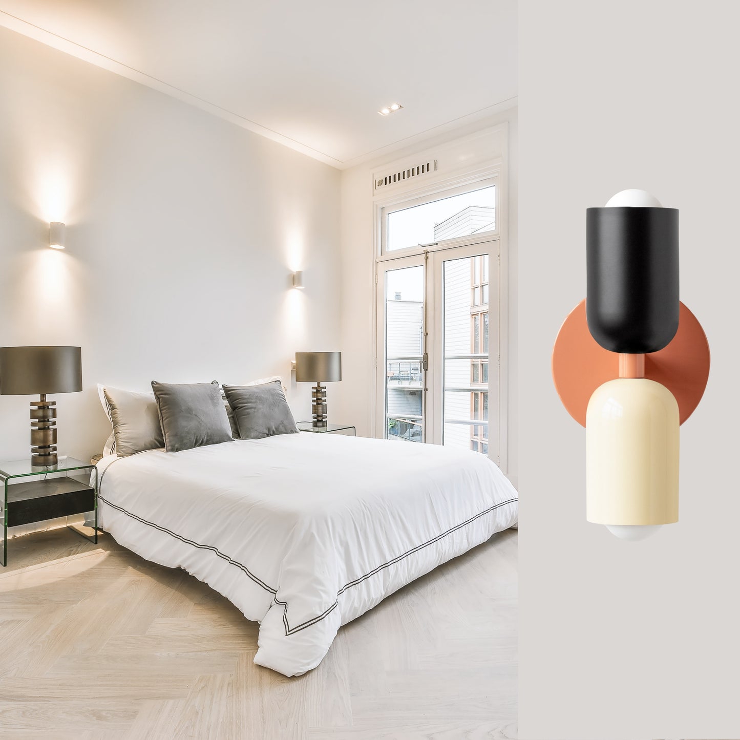 Black-White & Peach Up & Down Brass Wall Sconce – Mid-Century Modern Light Fixture