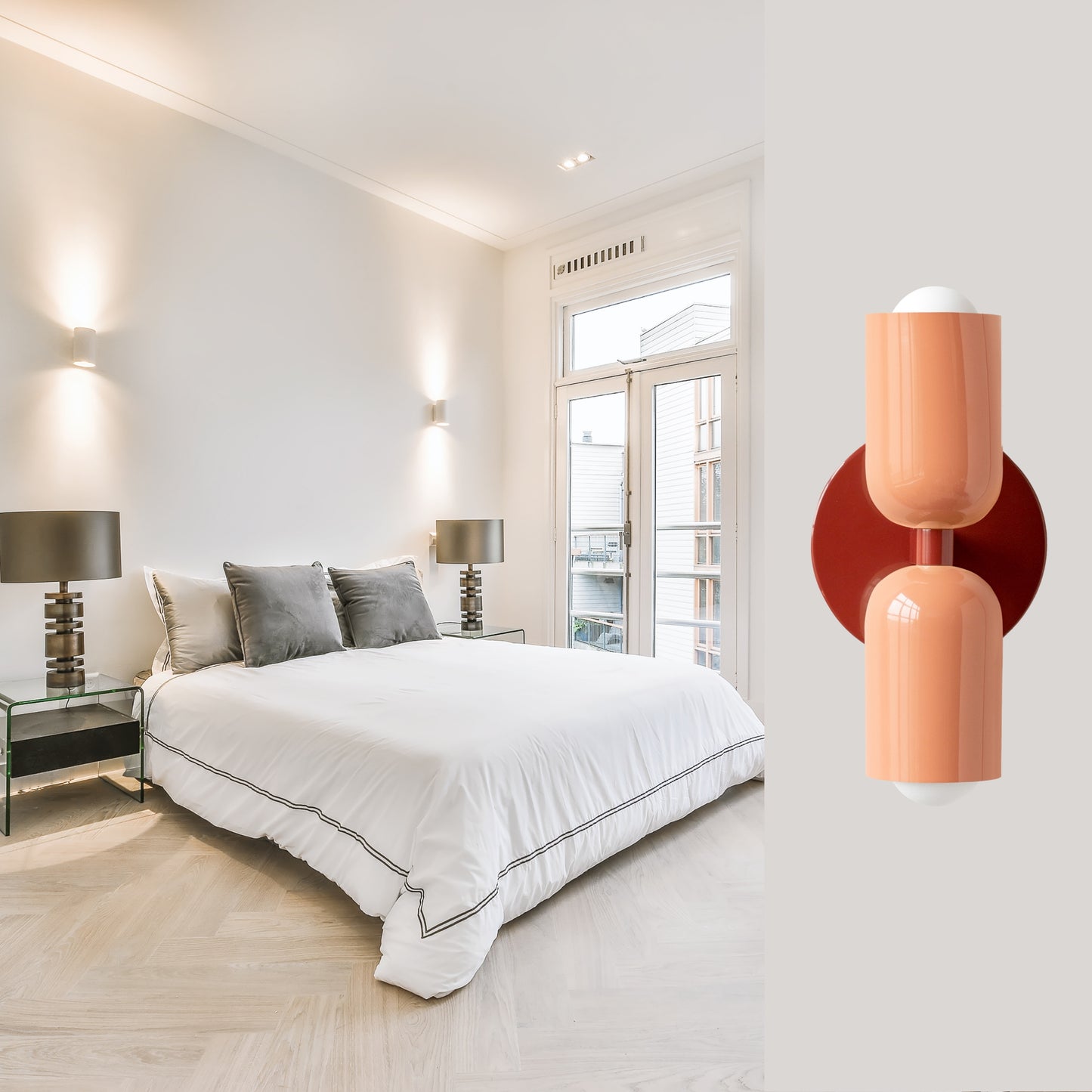 Peach & Red Up & Down Brass Wall Sconce – Mid-Century Modern Light Fixture