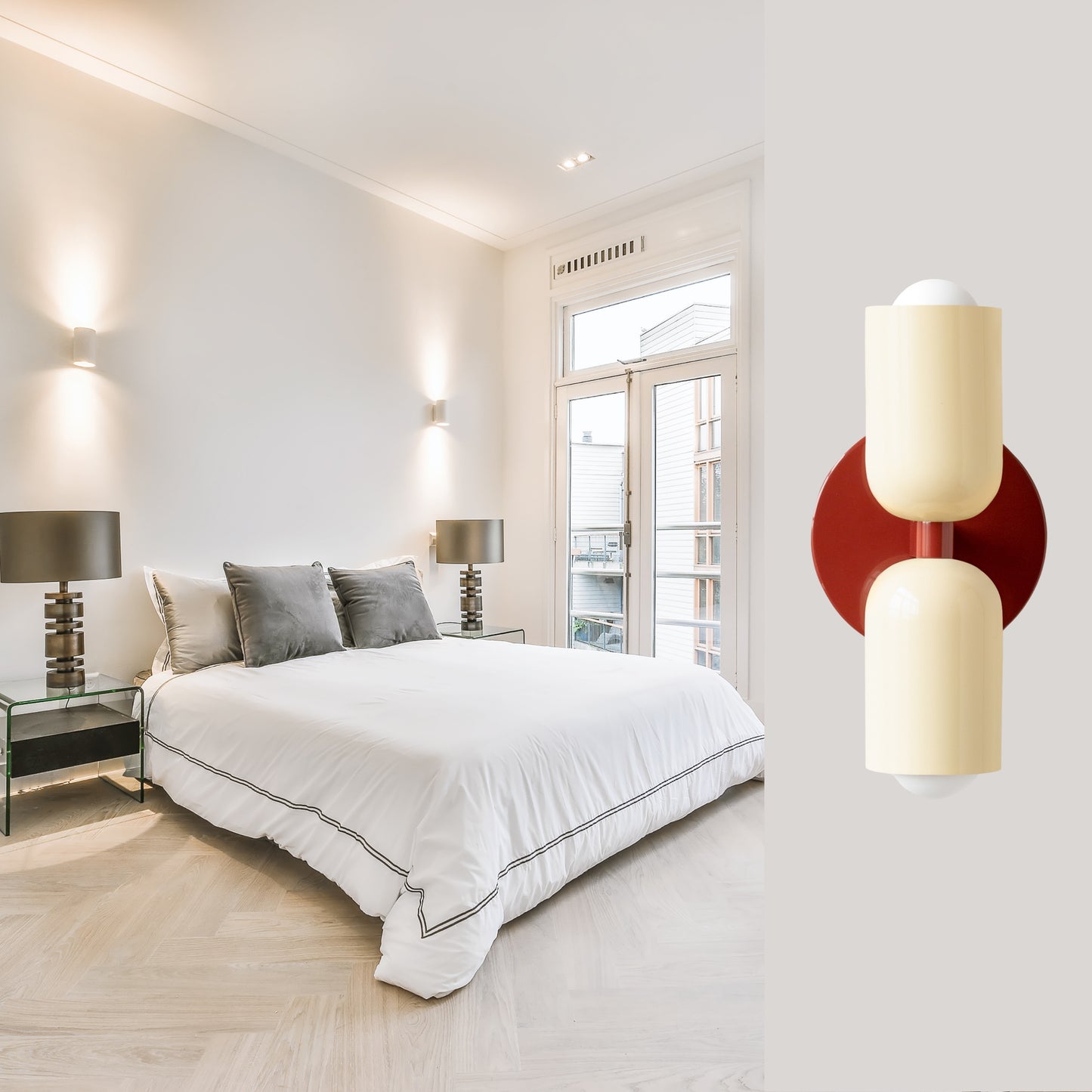 Cream & Red Up & Down Brass Wall Sconce – Mid-Century Modern Light Fixture