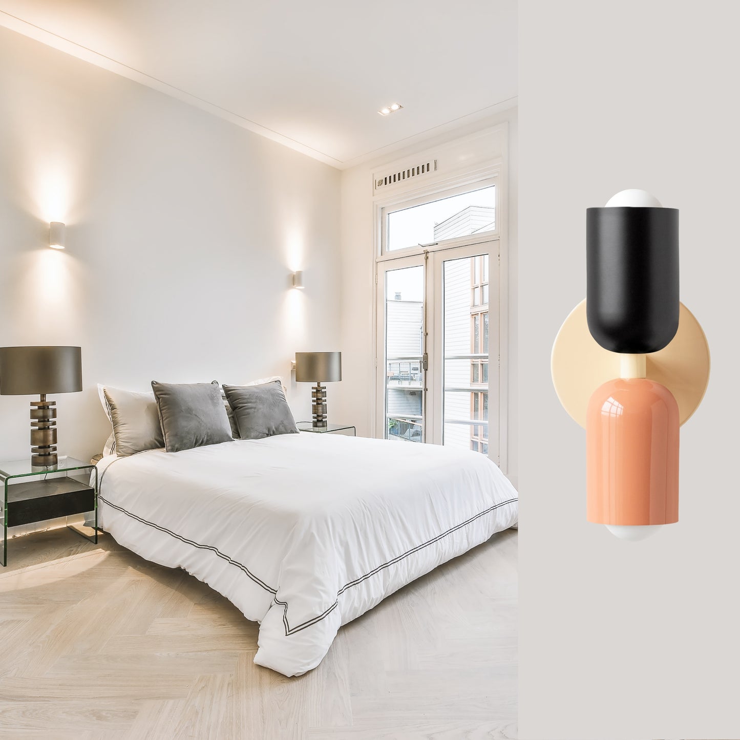 Black-Peach & White Up & Down Brass Wall Sconce – Mid-Century Modern Light Fixture