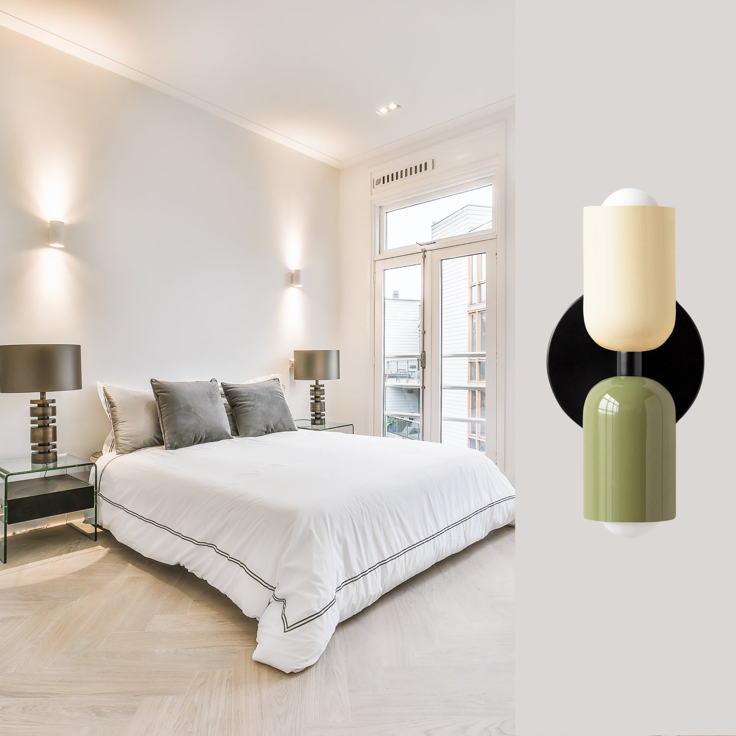 White-Green & Black Up & Down Brass Wall Sconce – Mid-Century Modern Light Fixture