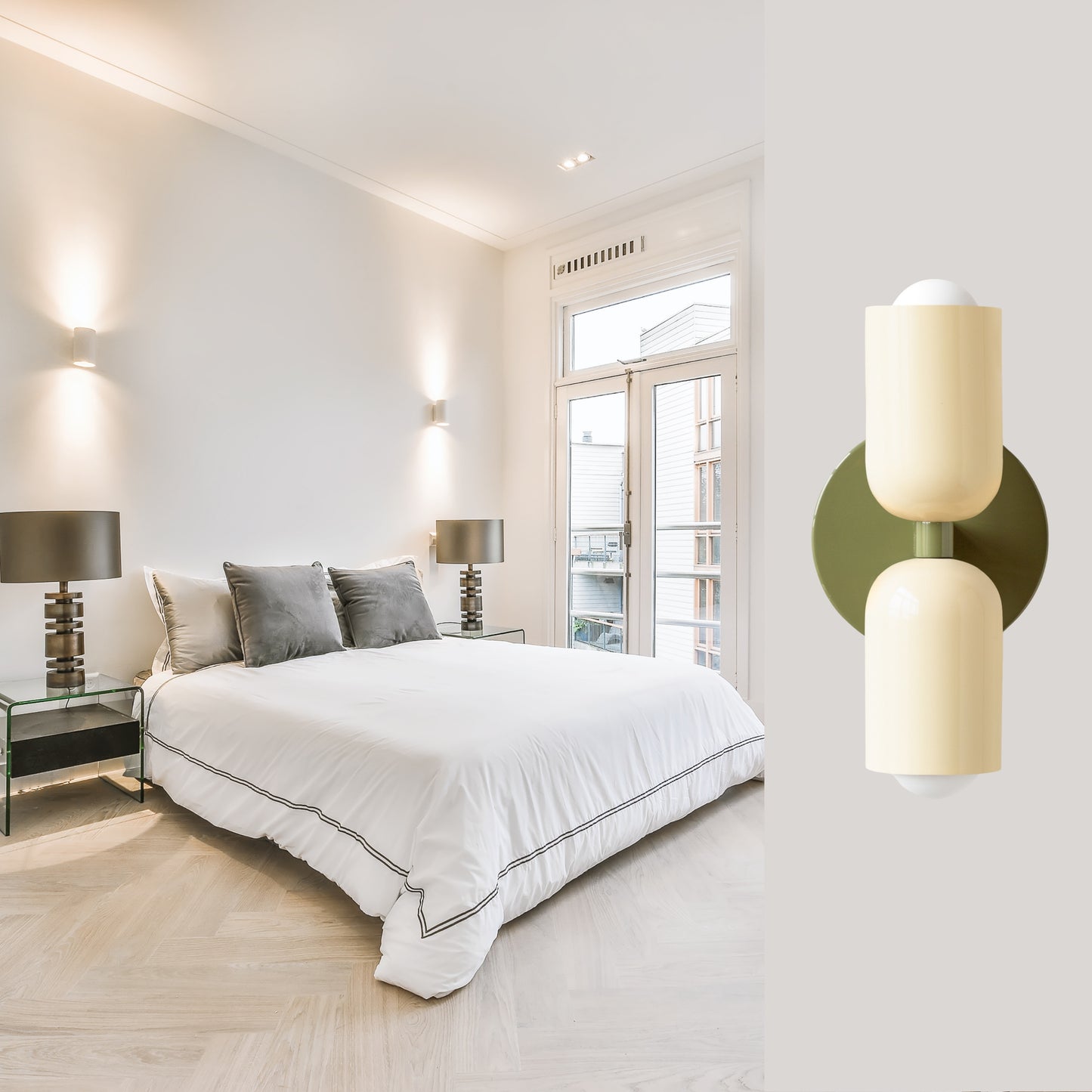 Cream & Olive Green Up & Down Brass Wall Sconce – Mid-Century Modern Light Fixture