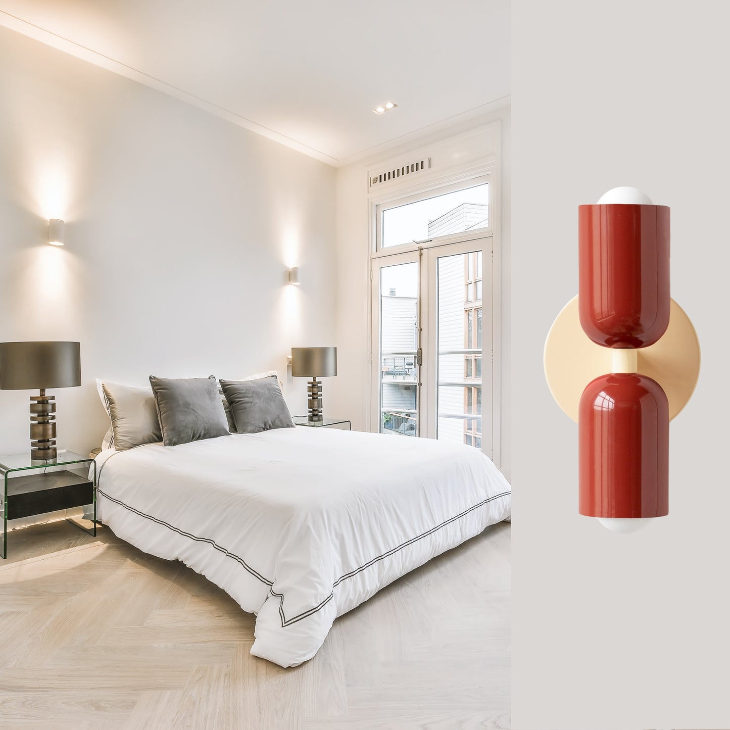 Red & Cream Up & Down Brass Wall Sconce – Mid-Century Modern Light Fixture
