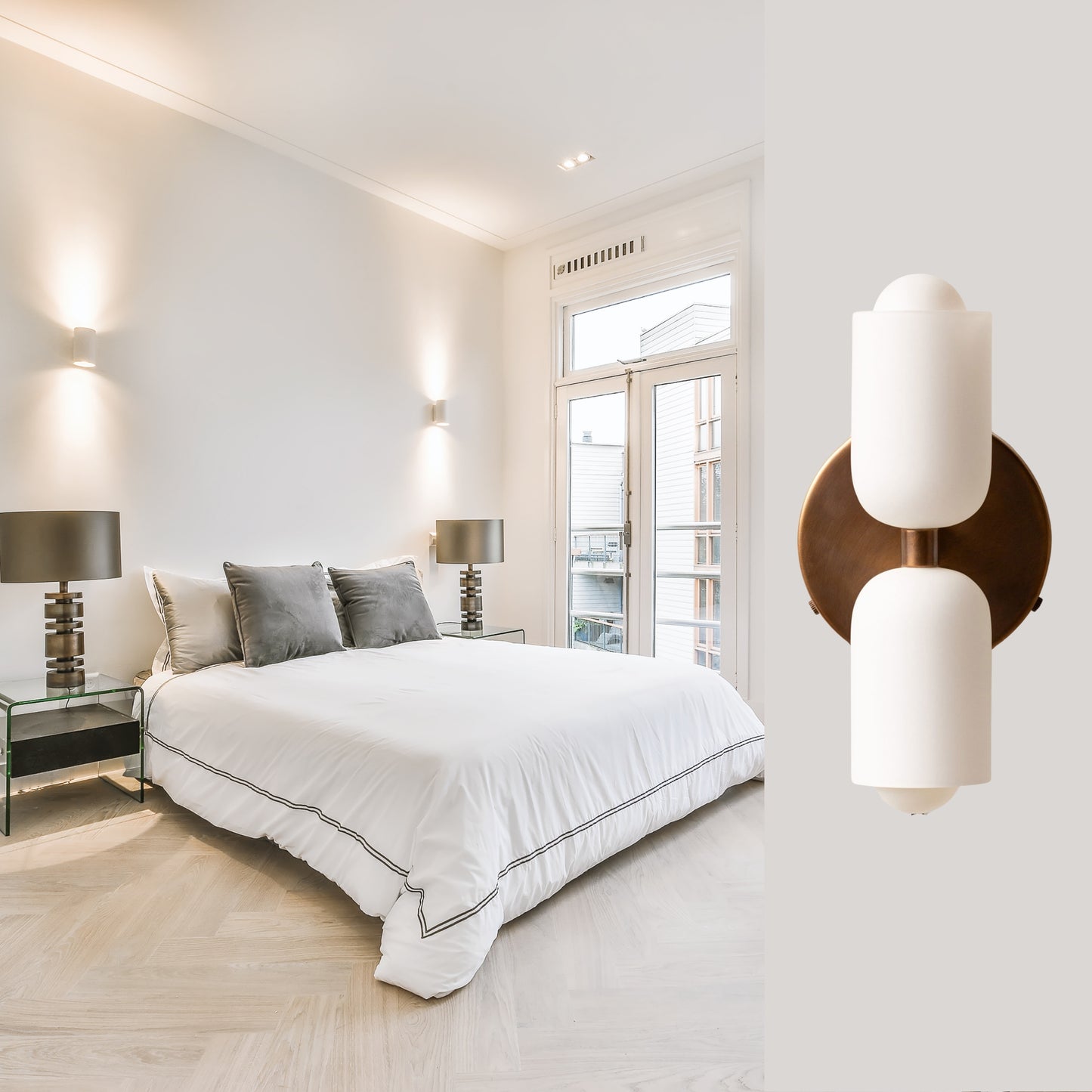 White & Antique Up & Down Brass Wall Sconce – Mid-Century Modern Light Fixture