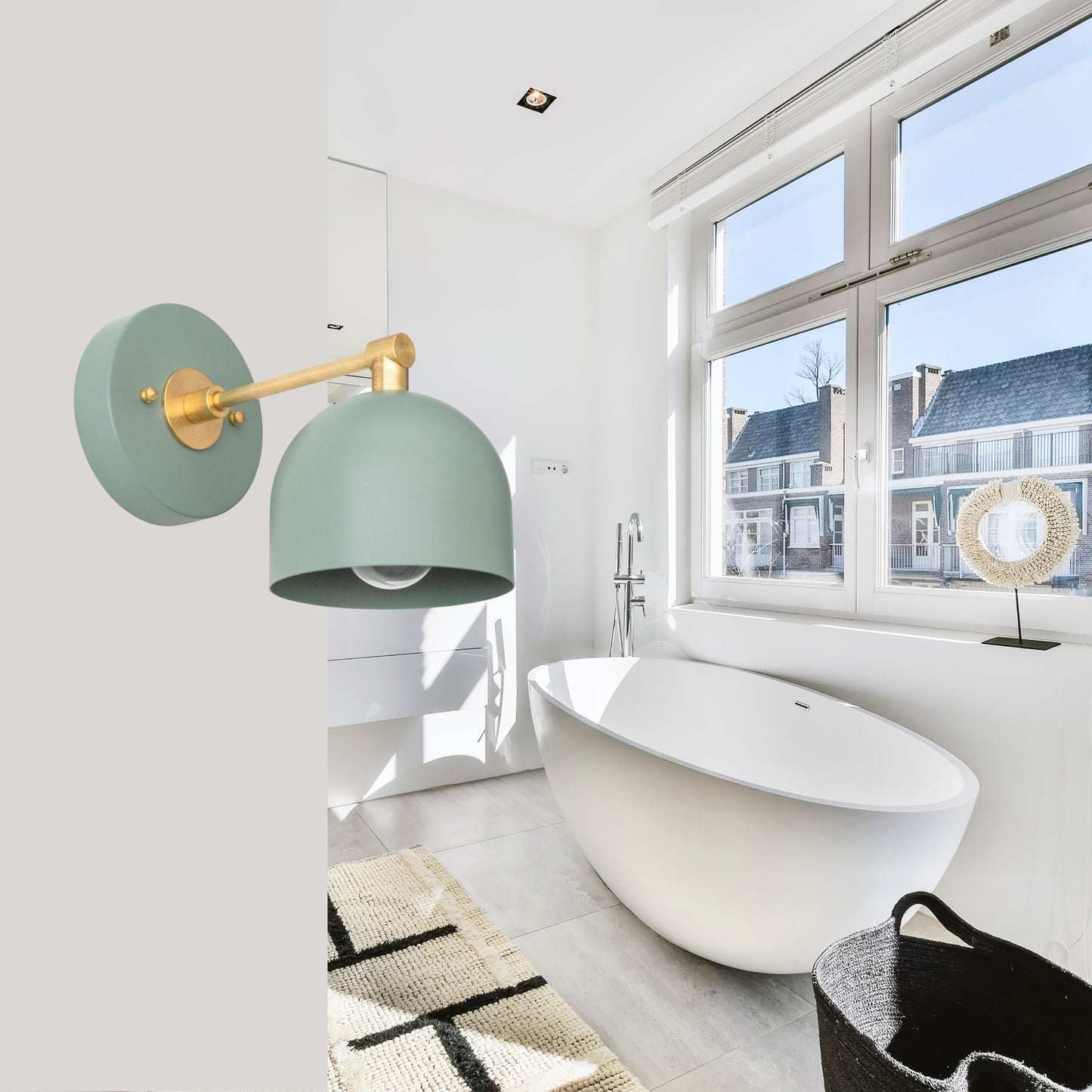Modern Brass Wall Sconce – Mid Century Wall Light with Sea Green Dome Shade
