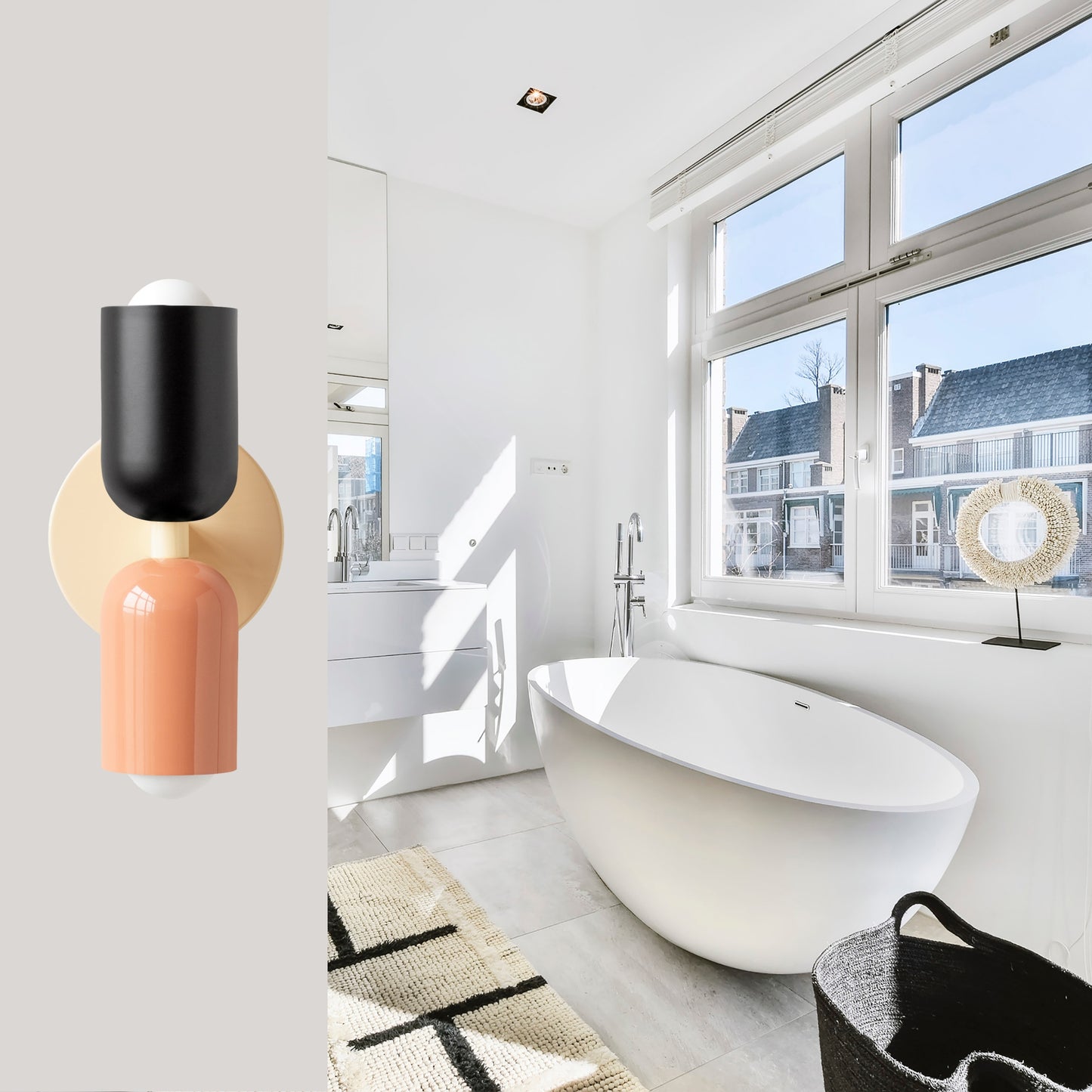 Black-Peach & White Up & Down Brass Wall Sconce – Mid-Century Modern Light Fixture
