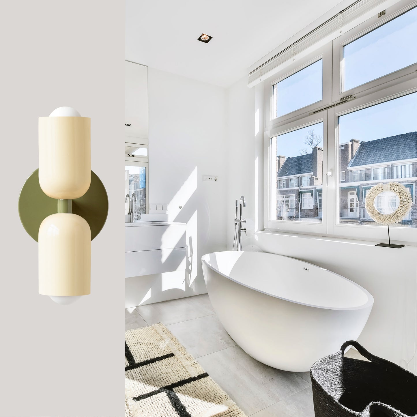 Cream & Olive Green Up & Down Brass Wall Sconce – Mid-Century Modern Light Fixture