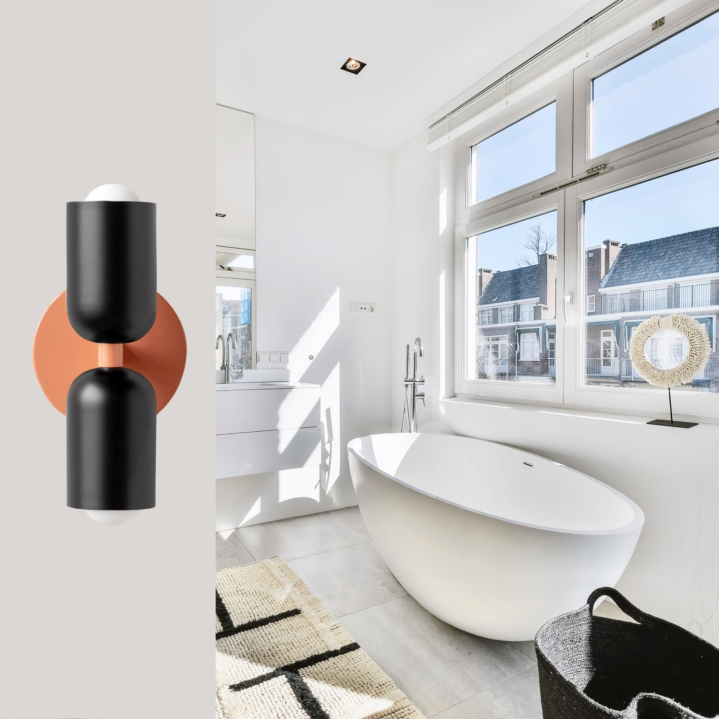 Black & Peach Up & Down Brass Wall Sconce – Mid-Century Modern Light Fixture