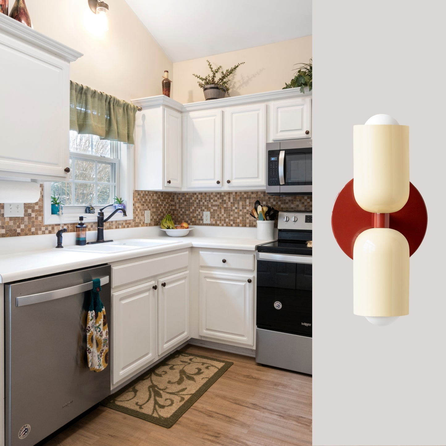 Cream & Red Up & Down Brass Wall Sconce – Mid-Century Modern Light Fixture