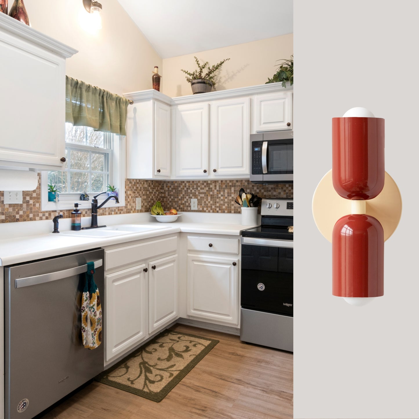 Red & Cream Up & Down Brass Wall Sconce – Mid-Century Modern Light Fixture