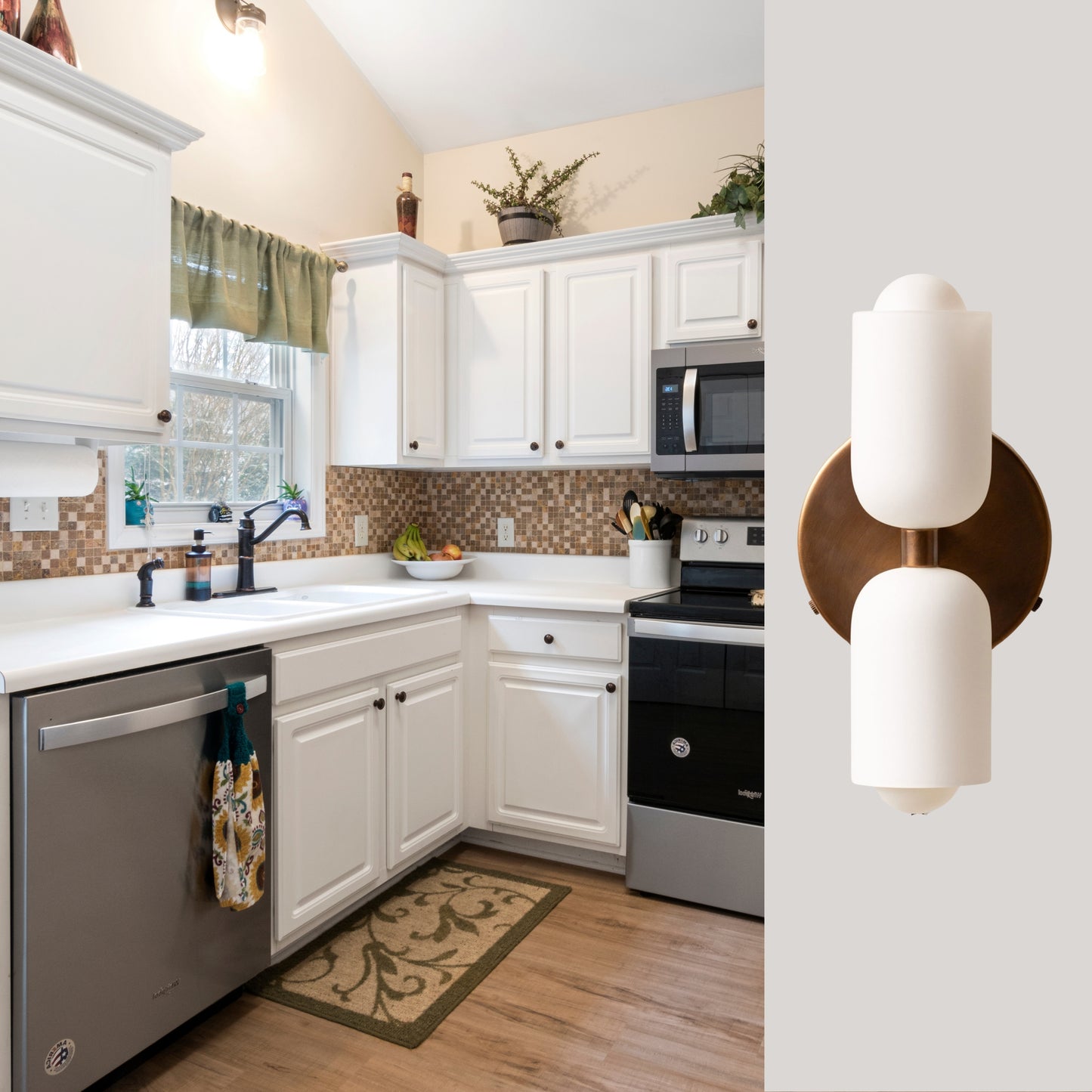 White & Antique Up & Down Brass Wall Sconce – Mid-Century Modern Light Fixture