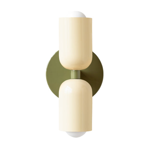 Cream & Olive Green Up & Down Brass Wall Sconce – Mid-Century Modern Light Fixture