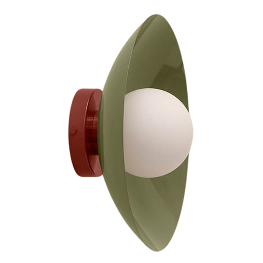 Olive Green & Red Dome Brass Wall Sconce – Mid-Century Modern Vintage Light