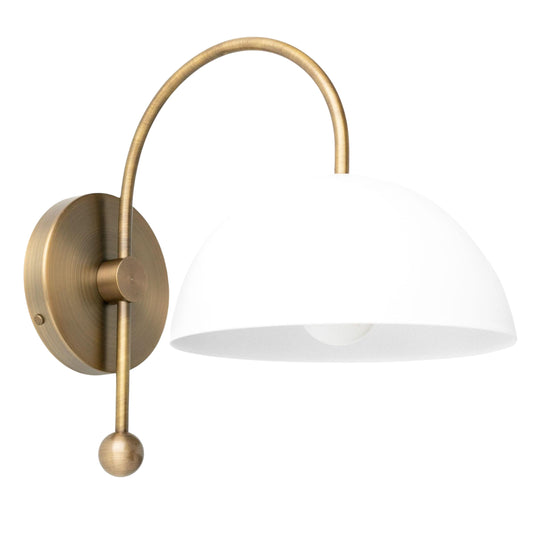 Mid Century Brass Wall Sconce – White Dome Shade Vintage Light Fixture