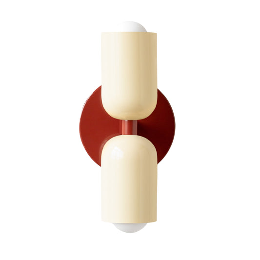 Cream & Red Up & Down Brass Wall Sconce – Mid-Century Modern Light Fixture