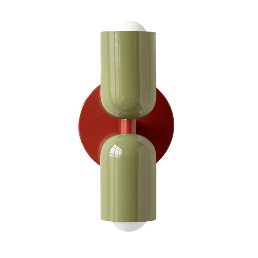 Olive Green & Red Up & Down Brass Wall Sconce – Mid-Century Modern Light Fixture
