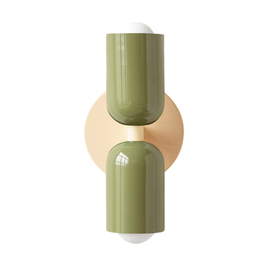 Olive Green & Cream Up & Down Brass Wall Sconce – Mid-Century Modern Light Fixture