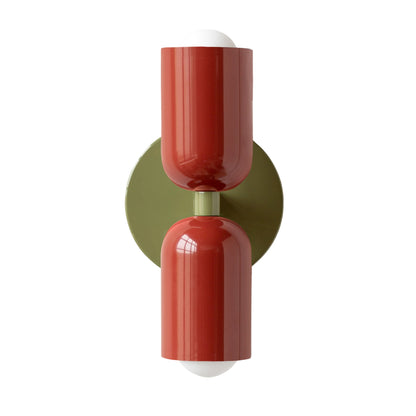 Red & Olive Green Up & Down Brass Wall Sconce – Mid-Century Modern Light Fixture