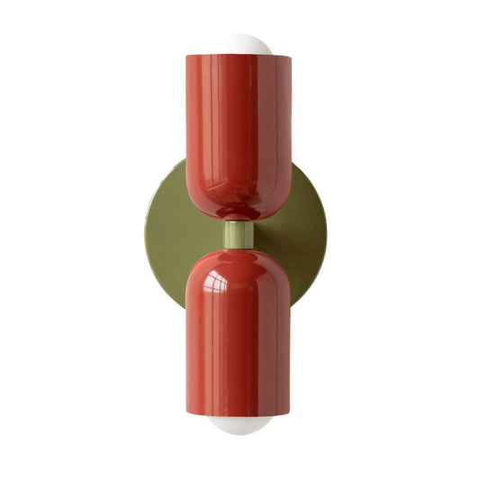Red & Olive Green Up & Down Brass Wall Sconce – Mid-Century Modern Light Fixture