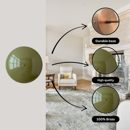 Olive Green Brass Dome Wall Sconce – Mid-Century Modern Hardwired Light