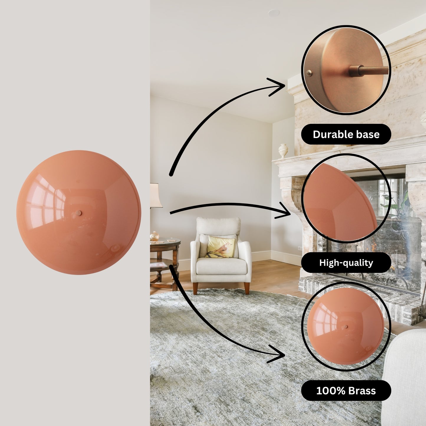 Peach Brass Dome Wall Sconce – Mid-Century Modern Hardwired Light