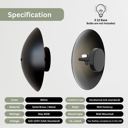 White Brass Dome Wall Sconce – Mid-Century Modern Hardwired Light