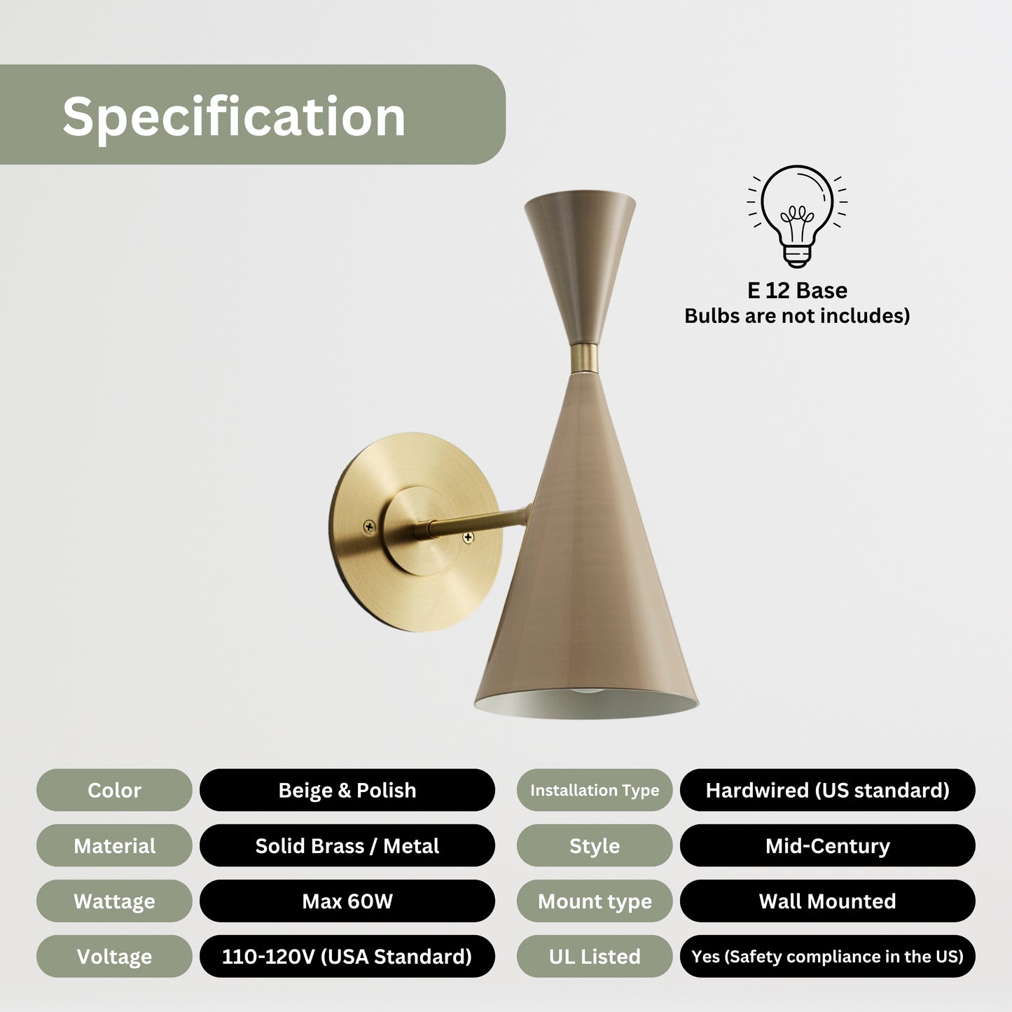 Mid Century Modern Brass Wall Sconce – Handmade Cone Shade Light Fixture