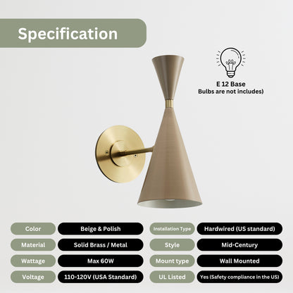 Mid Century Modern Brass Wall Sconce – Handmade Cone Shade Light Fixture