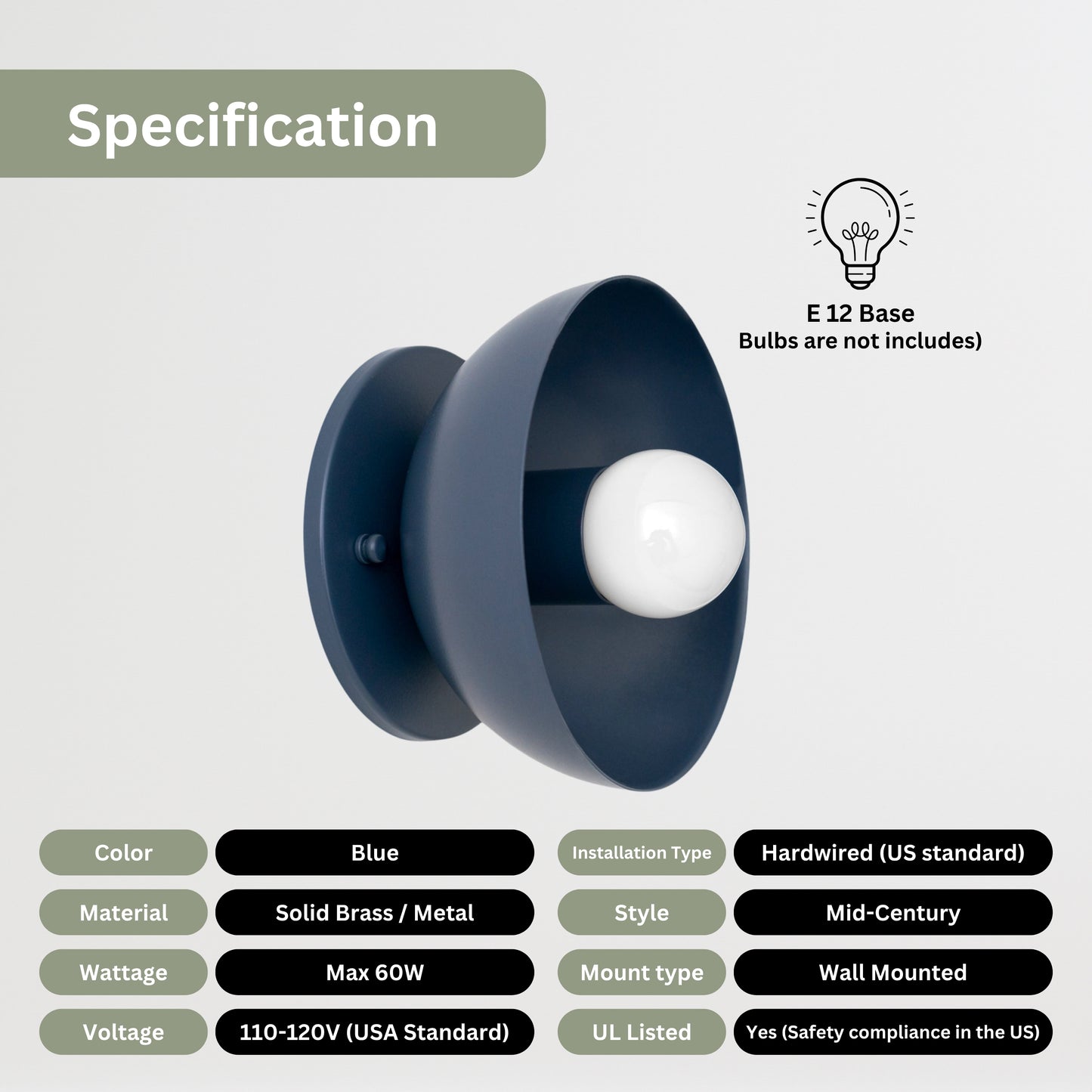 Blue Brass Dome Wall Sconce – Modern Mid Century Wall Light Fixture