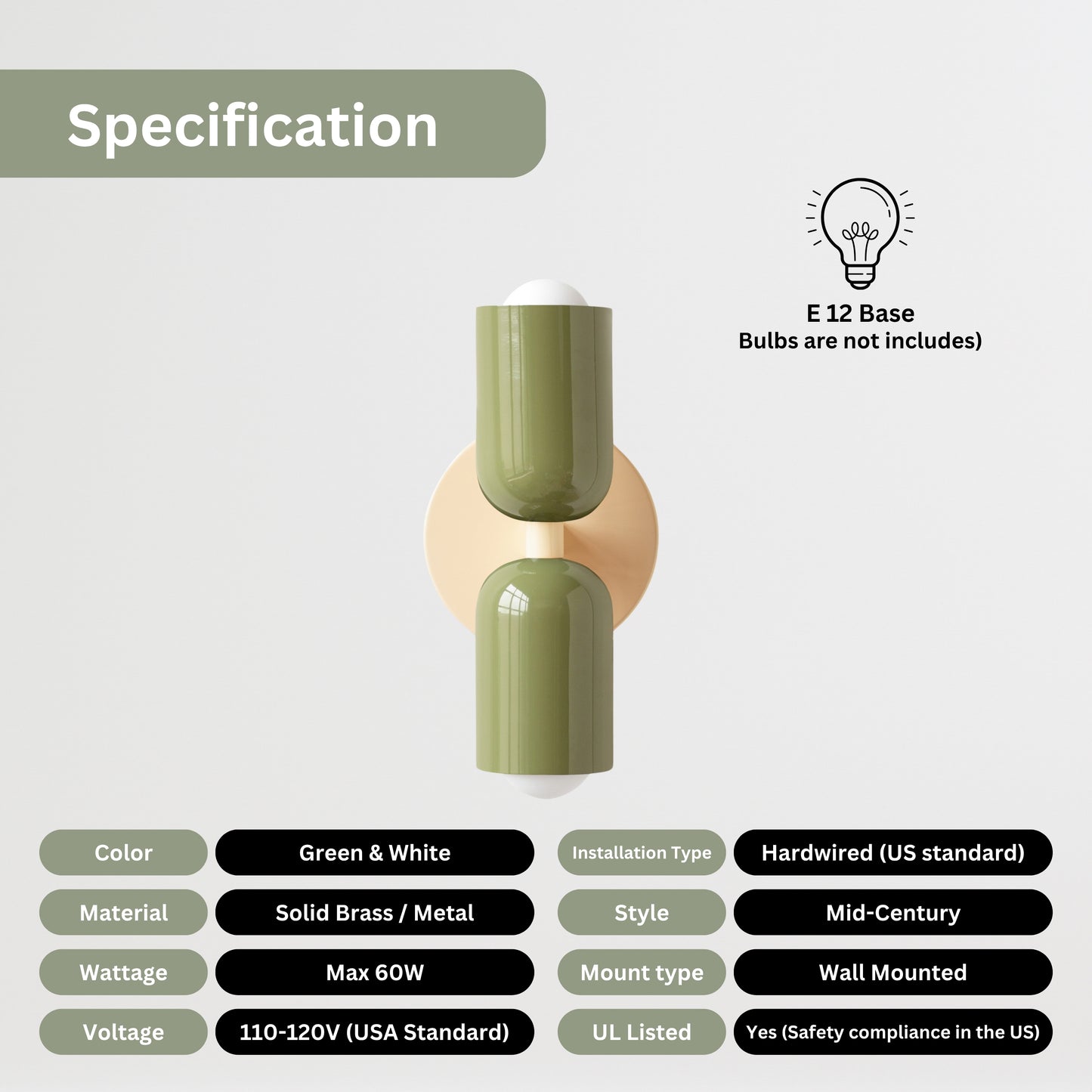 Olive Green & Cream Up & Down Brass Wall Sconce – Mid-Century Modern Light Fixture