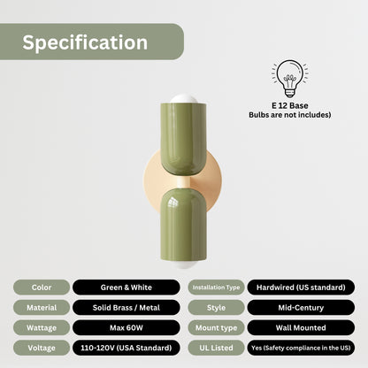 Olive Green & Cream Up & Down Brass Wall Sconce – Mid-Century Modern Light Fixture