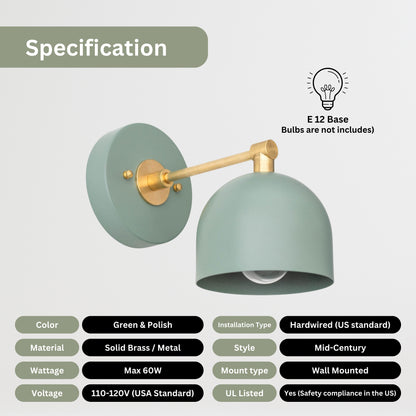 Modern Brass Wall Sconce – Mid Century Wall Light with Sea Green Dome Shade