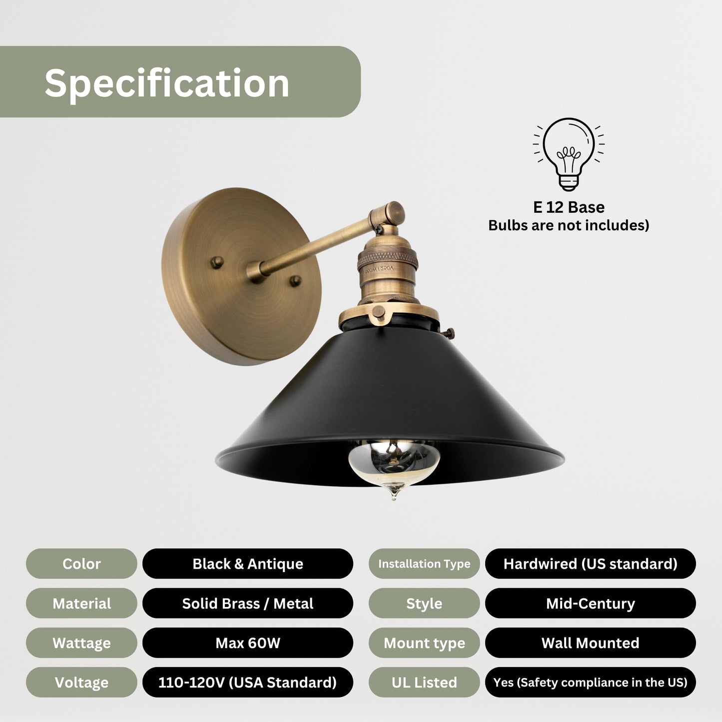 Handmade Brass Wall Sconce – Mid Century Modern Black & Antique Cone Light