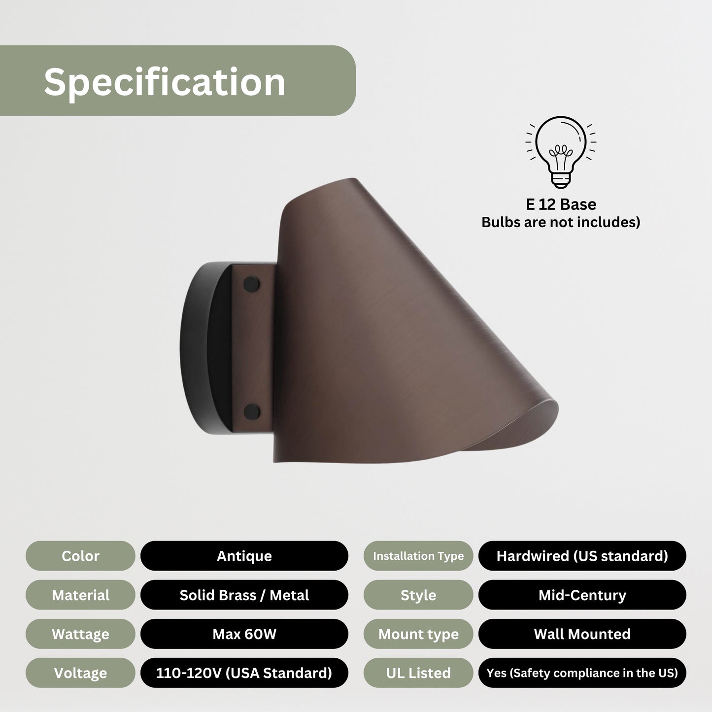 Modern Brass Wall Sconce – Handmade Mid Century Cone Shade Light Fixture