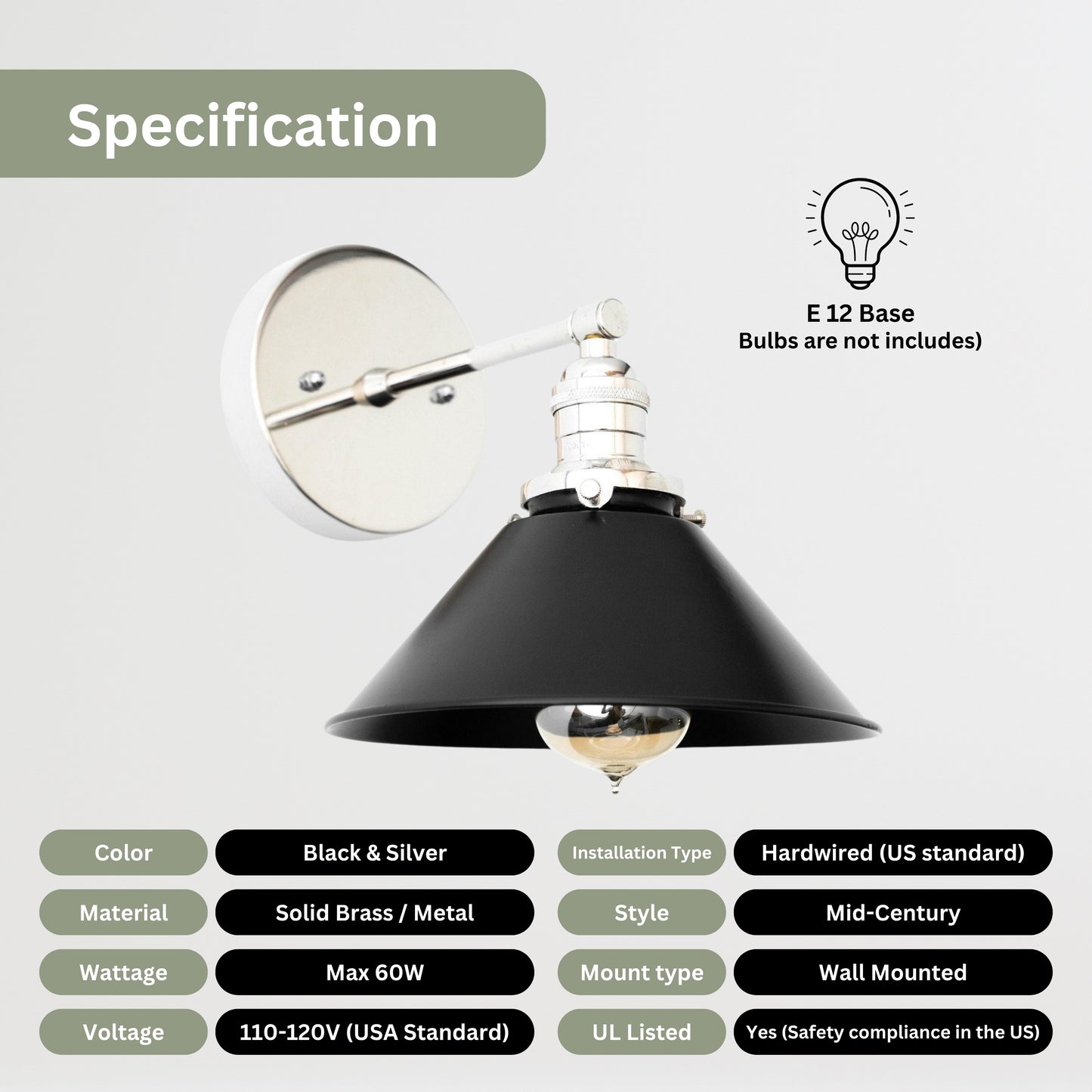 Handmade Brass Wall Sconce – Mid Century Modern Black & Silver Cone Light